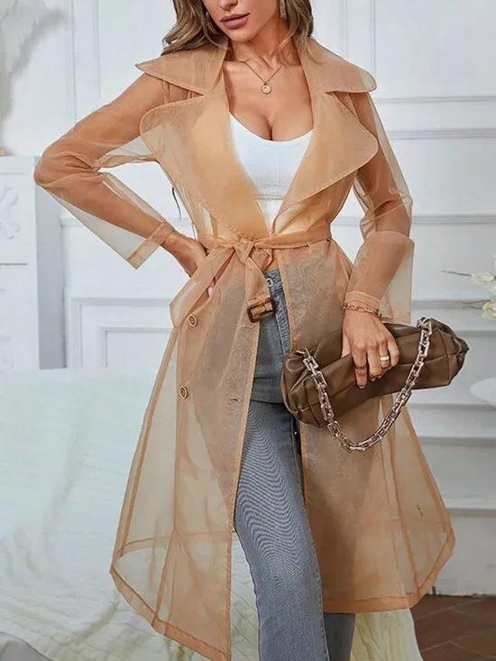 Apricot Casual Women's Sheer Mesh Long Transparent Tie-Front Windbreaker - Picture 3 of 5